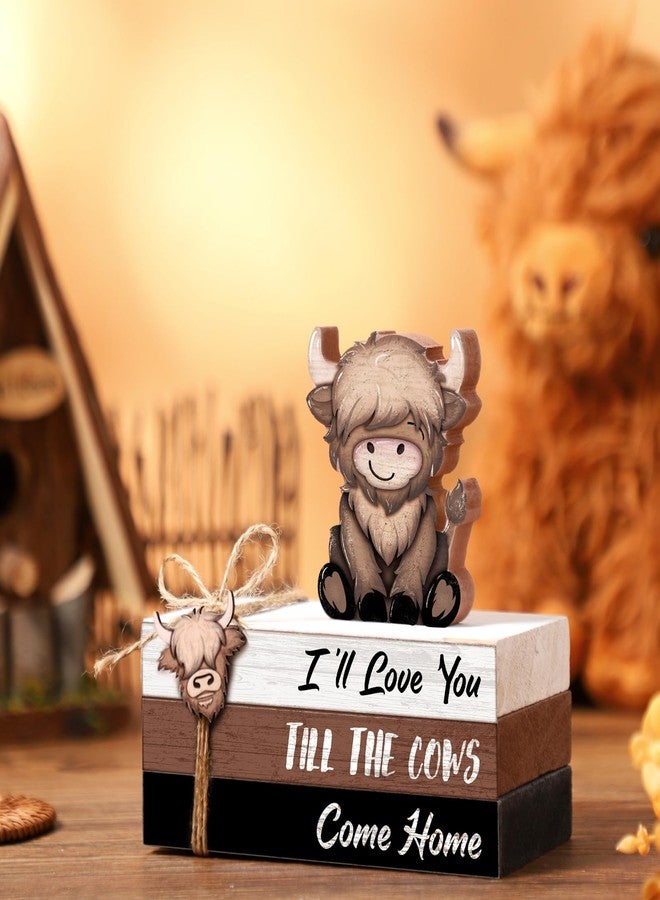 Anglechic 4 Pcs Highland Cow Wood Book Stacks Decor Highland Cow Wooden Tiered Tray Decor Rustic Table Centerpiece Block Signs Christmas Decorations for Home Dining Table Mantel Shelf - Image 3